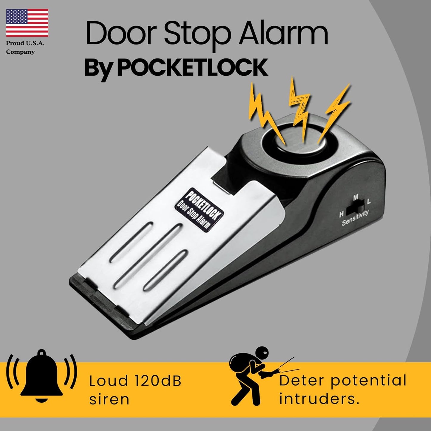 Door Stop Alarm with 120 Db Siren – Portable Travel Door Stopper Alarm Wedge for Hotel, Apartment & Dorm Security – Battery-Operated, Black, 1-Pack